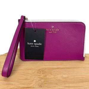 NWT Kate Spade Lucy Small Zip Wristlet Bicolor Saffian Leather Baja Rose KH769